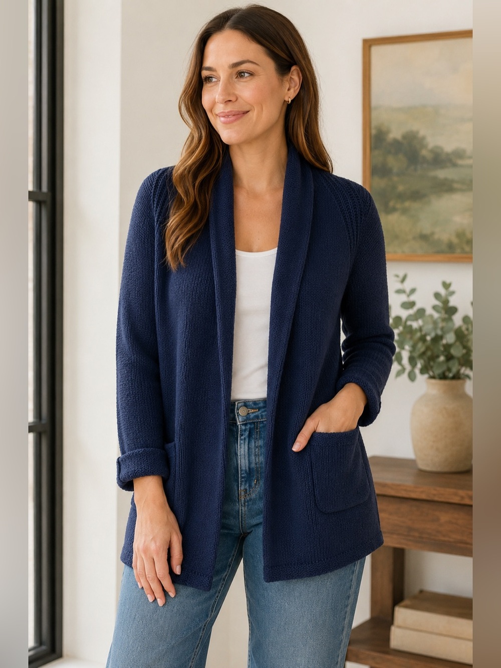 J. Crew Open Front Chunky Knit Sweater Cardigan Women M Navy Blue